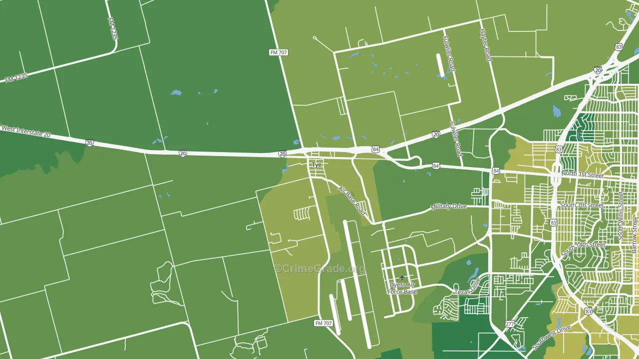 Tye, TX Map of Vehicle Theft Rates