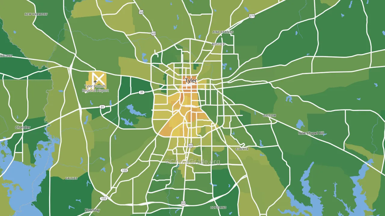Tyler, TX Map of Vehicle Theft Rates