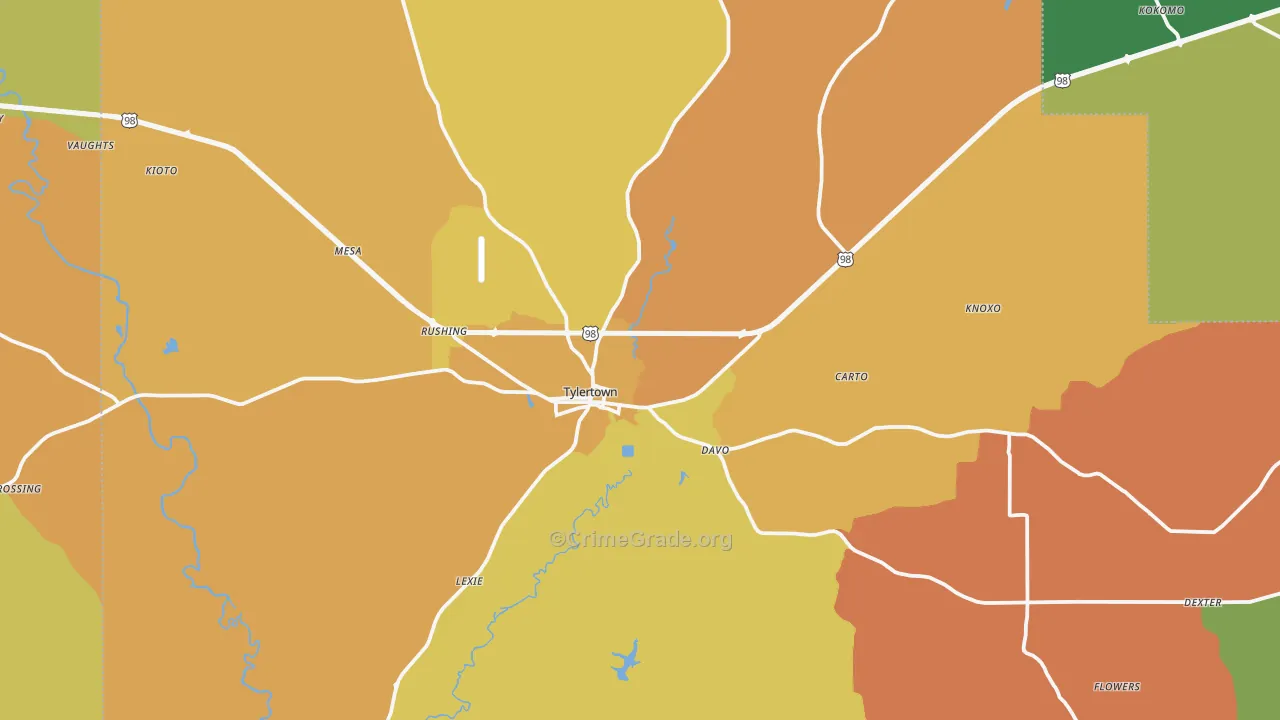 Tylertown, MS Map of Vehicle Theft Rates