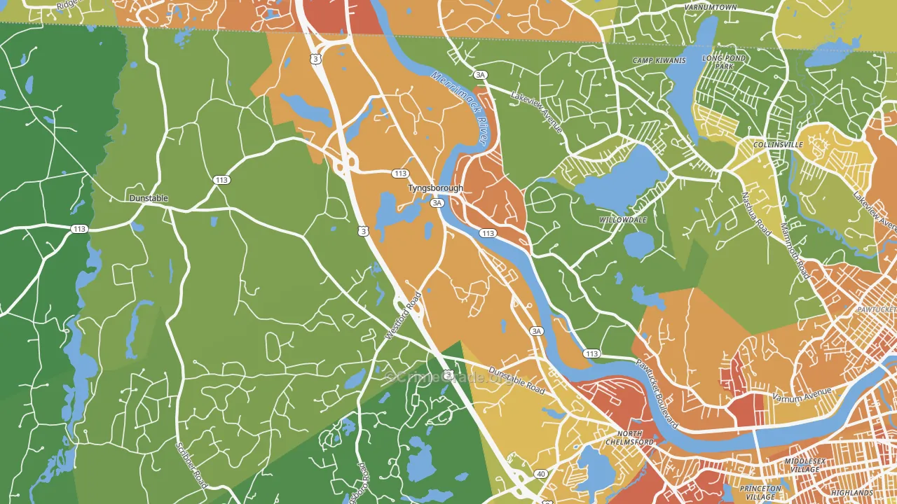 Tyngsboro, MA Map of Vehicle Theft Rates