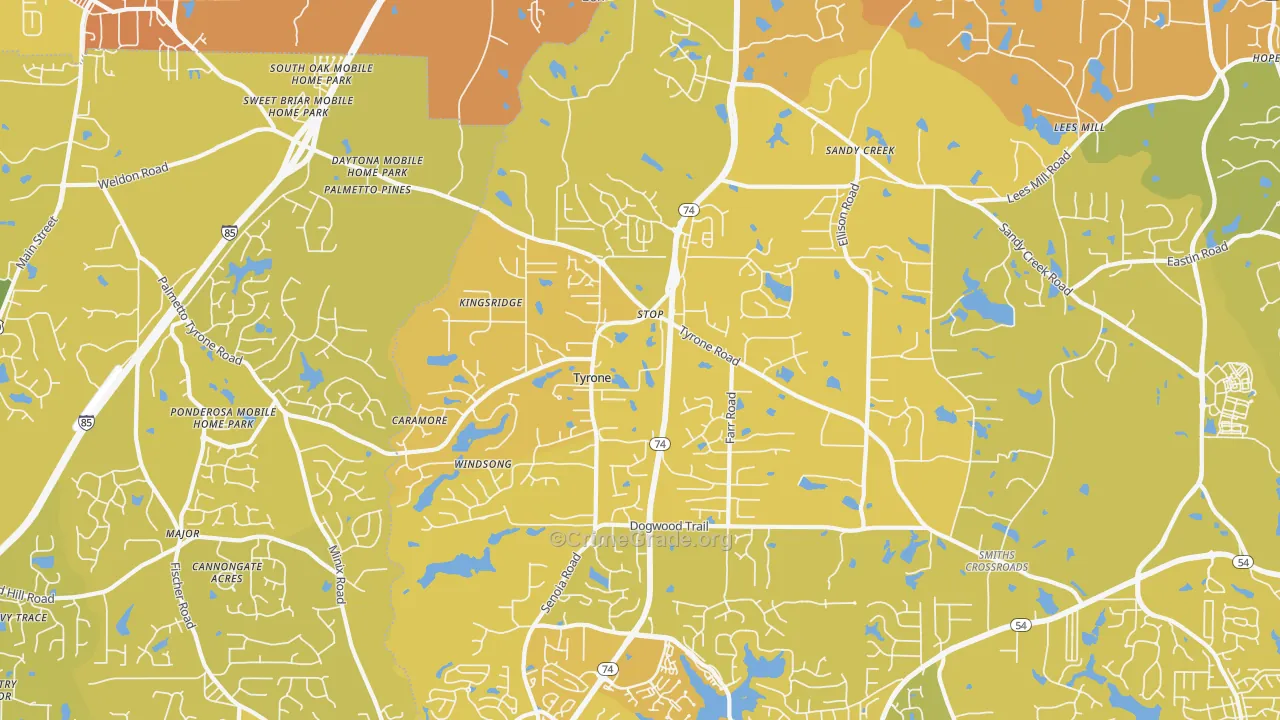 Tyrone, GA Map of Vehicle Theft Rates