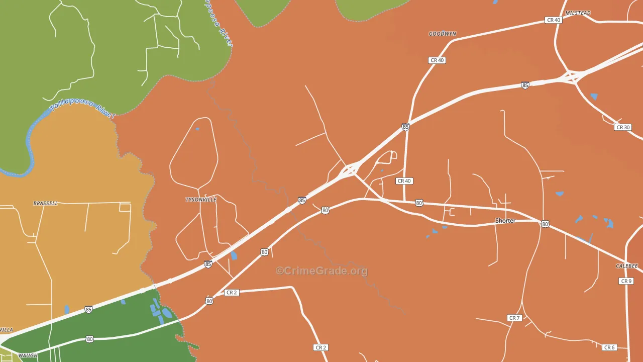 Tysonville, AL Map of Vehicle Theft Rates