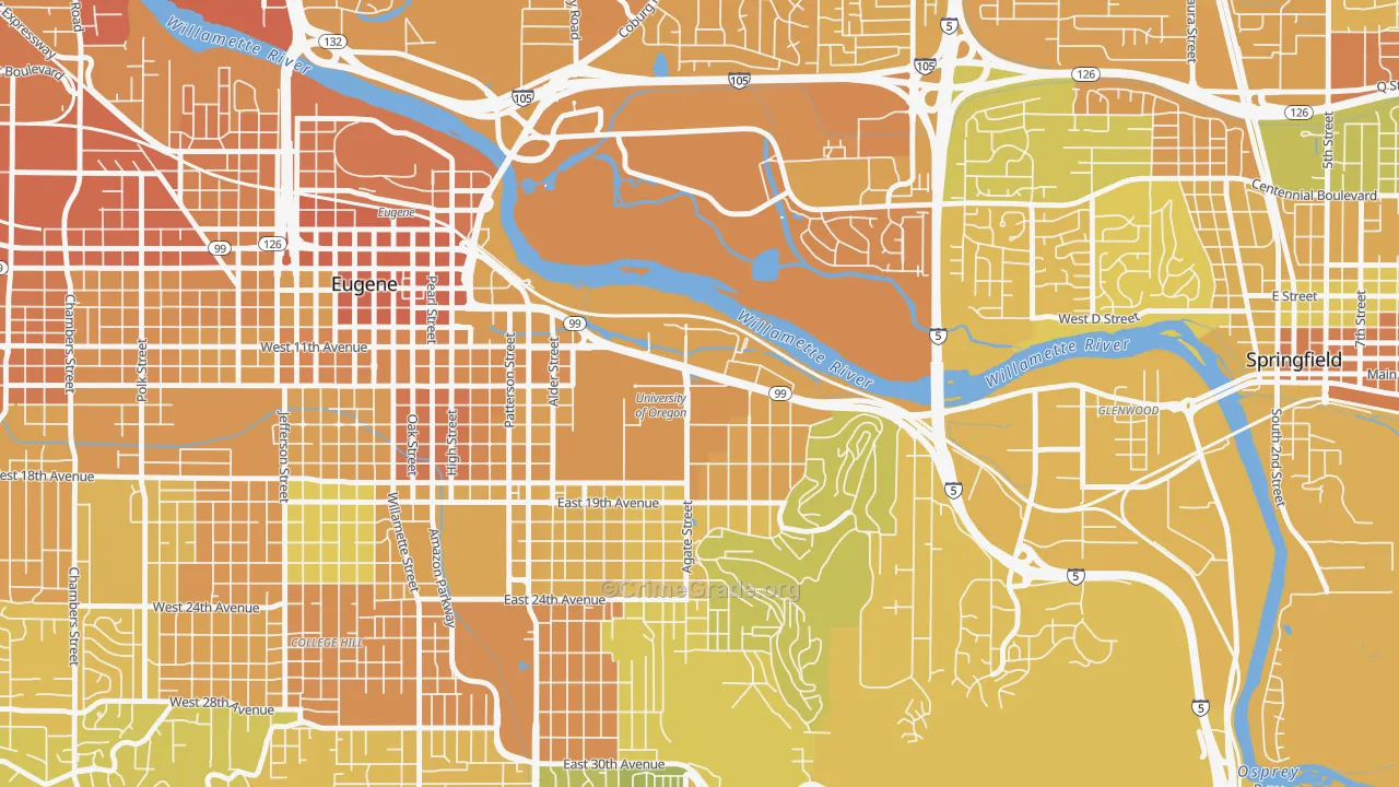 U of O Campus, Eugene, OR Map of Vehicle Theft Rates