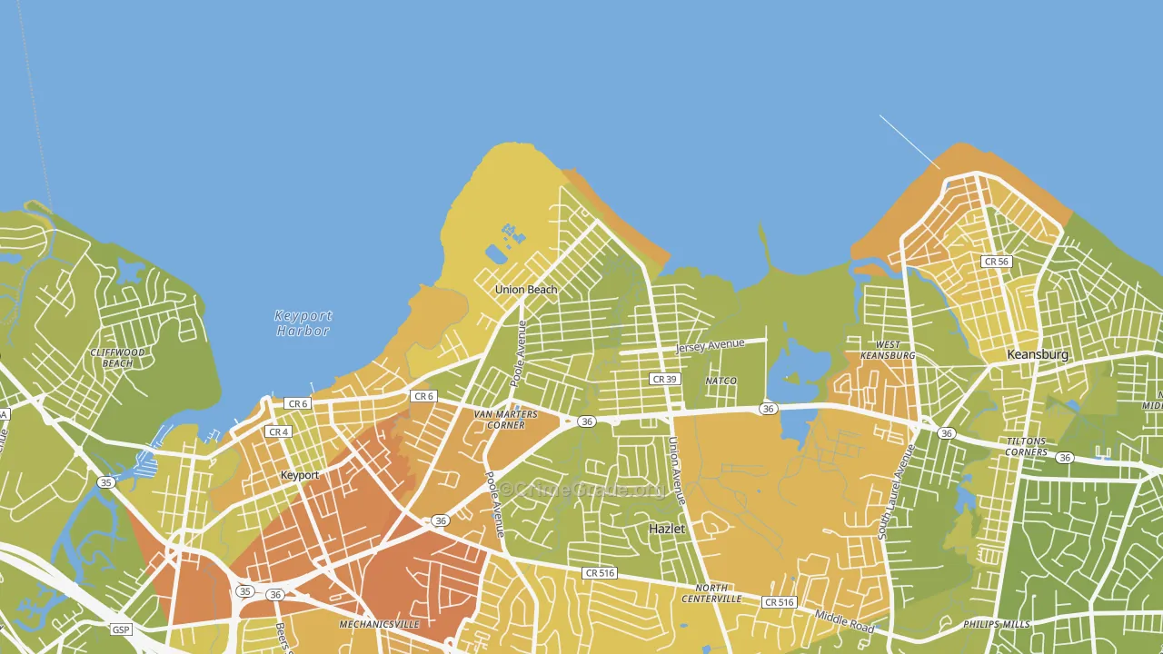 Union Beach, NJ Map of Vehicle Theft Rates
