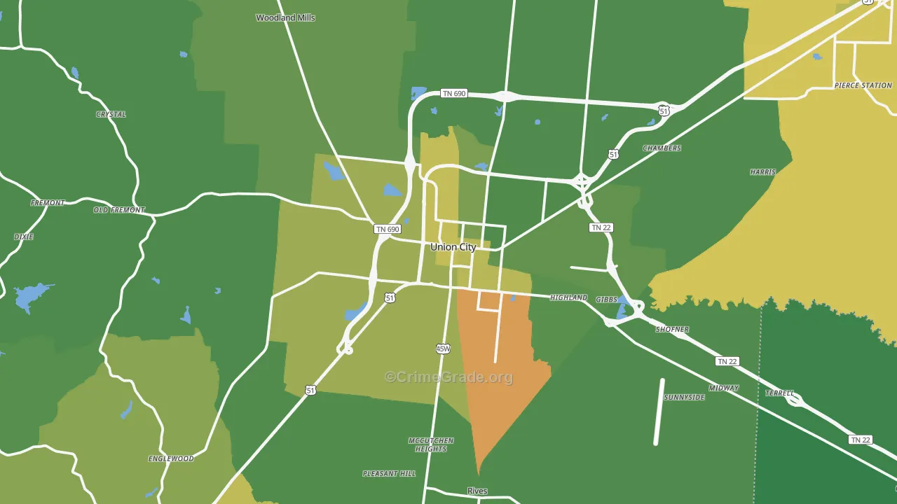 Union City, TN Map of Vehicle Theft Rates