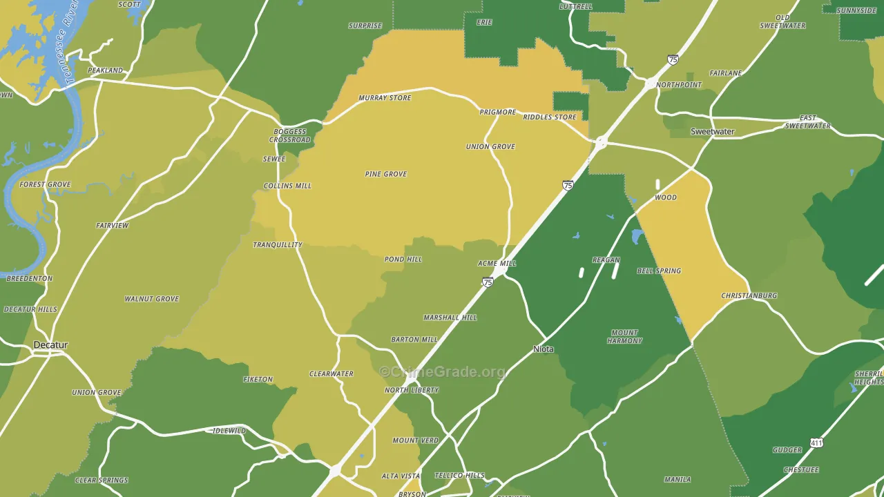 Union Grove, TN Map of Vehicle Theft Rates