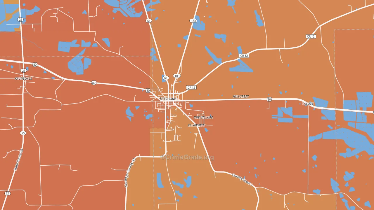 Uniontown, AL Map of Vehicle Theft Rates