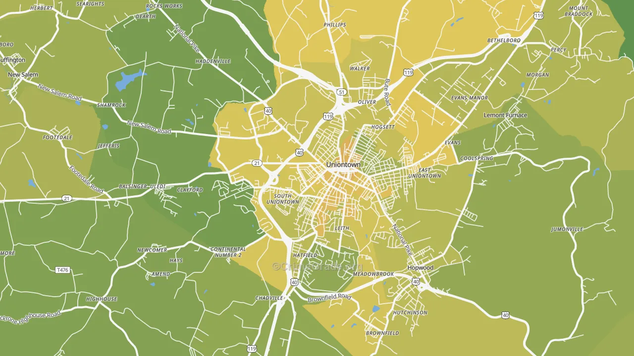 Uniontown, PA Map of Vehicle Theft Rates