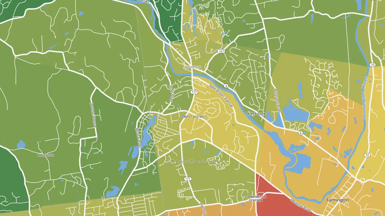 Unionville, CT Map of Vehicle Theft Rates