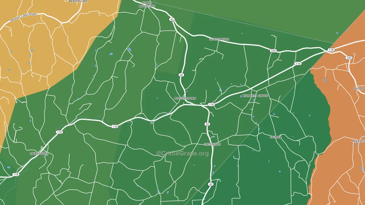 Unityville, PA Map of Vehicle Theft Rates