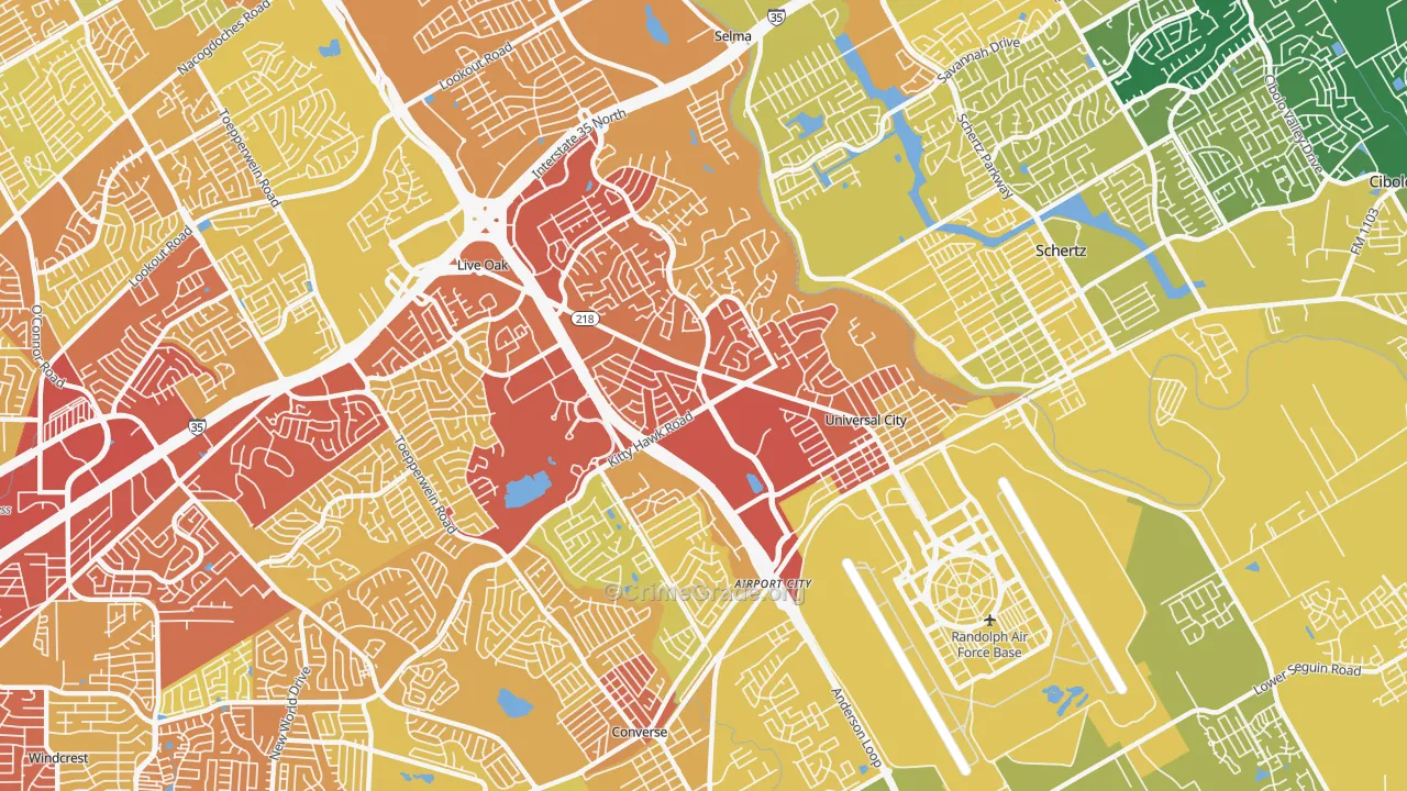 Universal City, TX Map of Vehicle Theft Rates