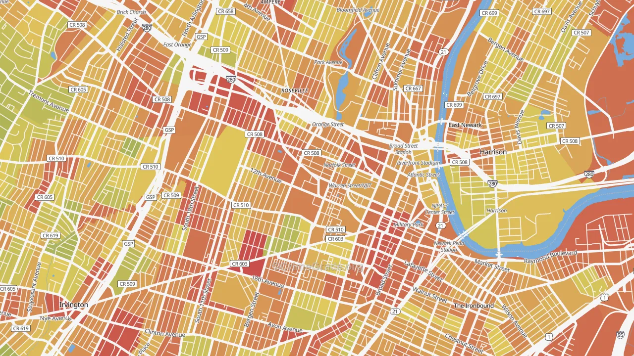 University Heights, Newark, NJ Map of Vehicle Theft Rates