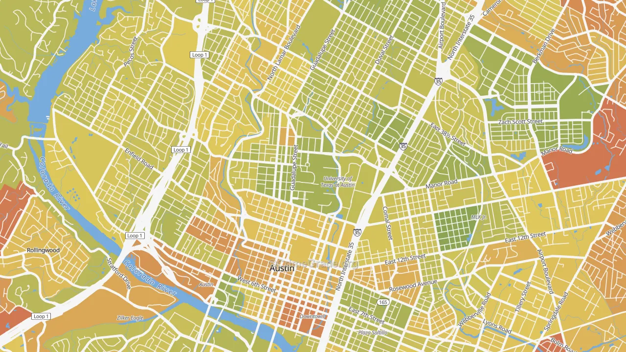 University Of Texas, Austin, TX Map of Vehicle Theft Rates