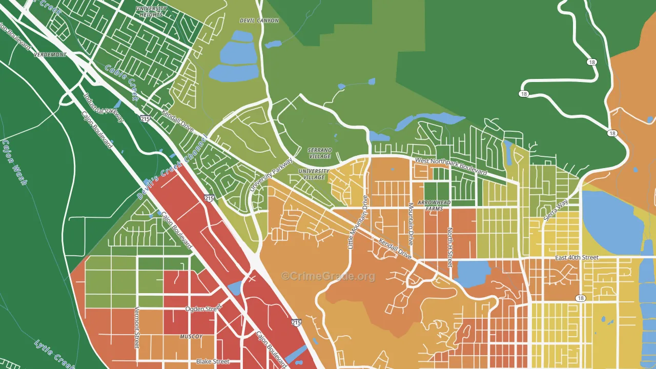 University-San Bernardino, San Bernardino, CA Map of Vehicle Theft Rates