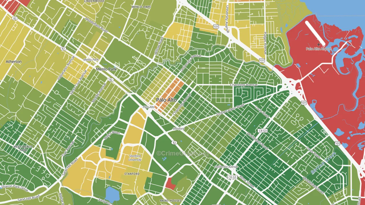 University South, Palo Alto, CA Map of Vehicle Theft Rates