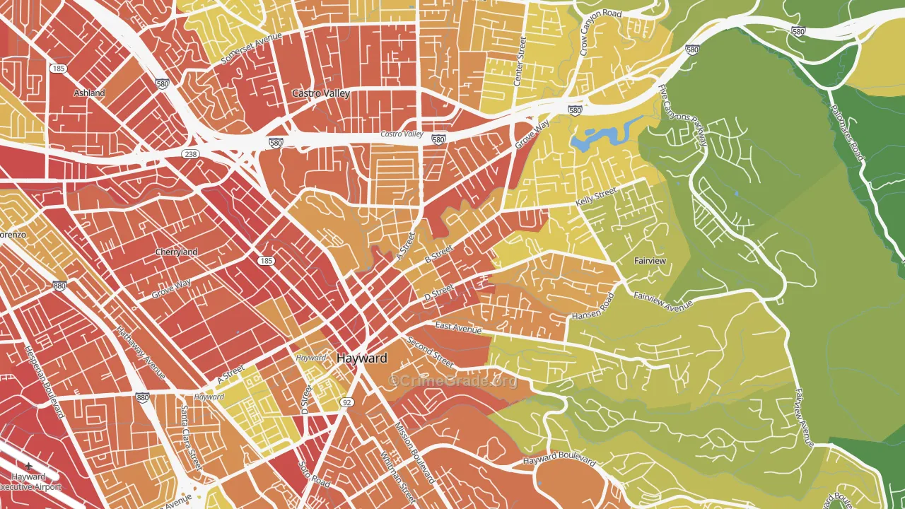 Upper B Street, Hayward, CA Map of Vehicle Theft Rates