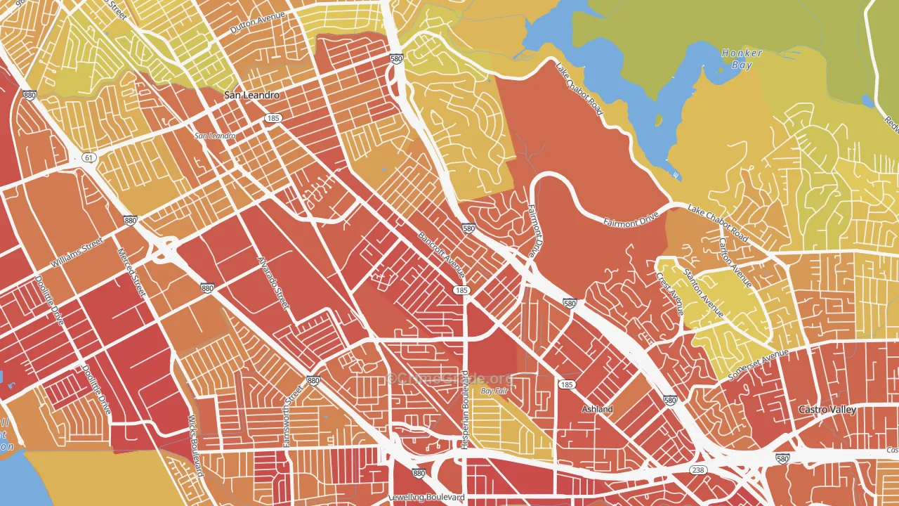 Upper Bal, San Leandro, CA Map of Vehicle Theft Rates