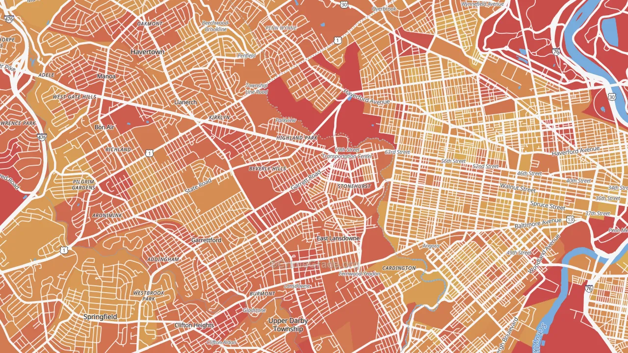 Upper Darby, PA Map of Vehicle Theft Rates
