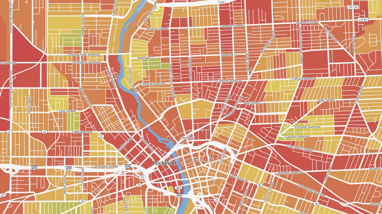Upper Falls, Rochester, NY Map of Vehicle Theft Rates