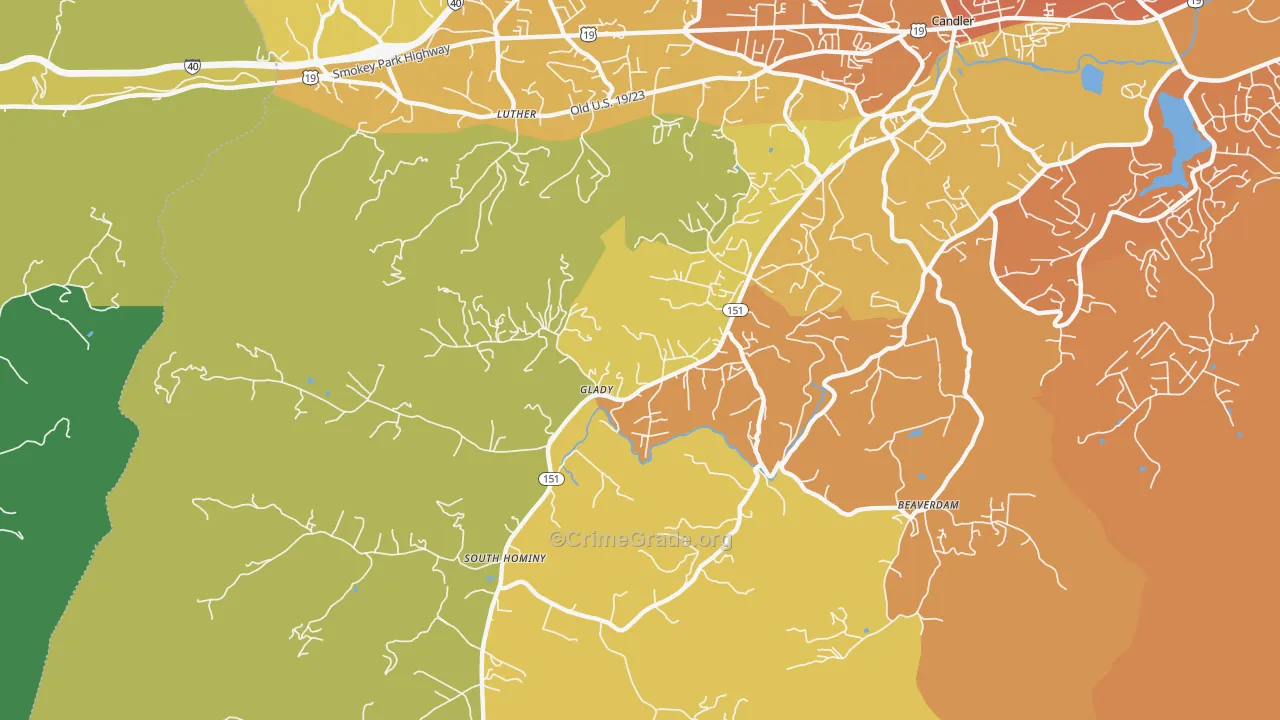 Upper Hominy, NC Map of Vehicle Theft Rates