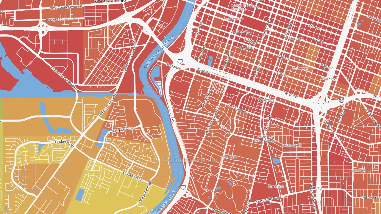 Upper Land Park, Sacramento, CA Map of Vehicle Theft Rates