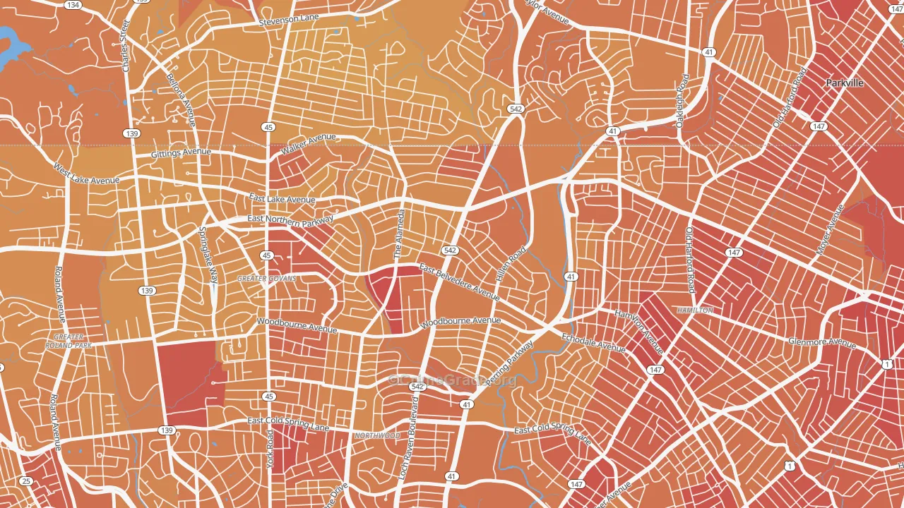 Upper Northwood, Baltimore, MD Map of Vehicle Theft Rates