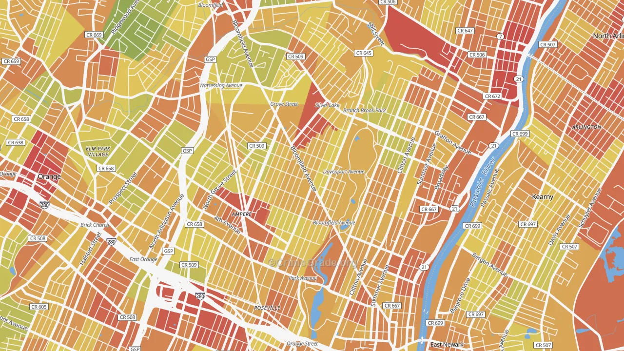 Upper Roseville, Newark, NJ Map of Vehicle Theft Rates