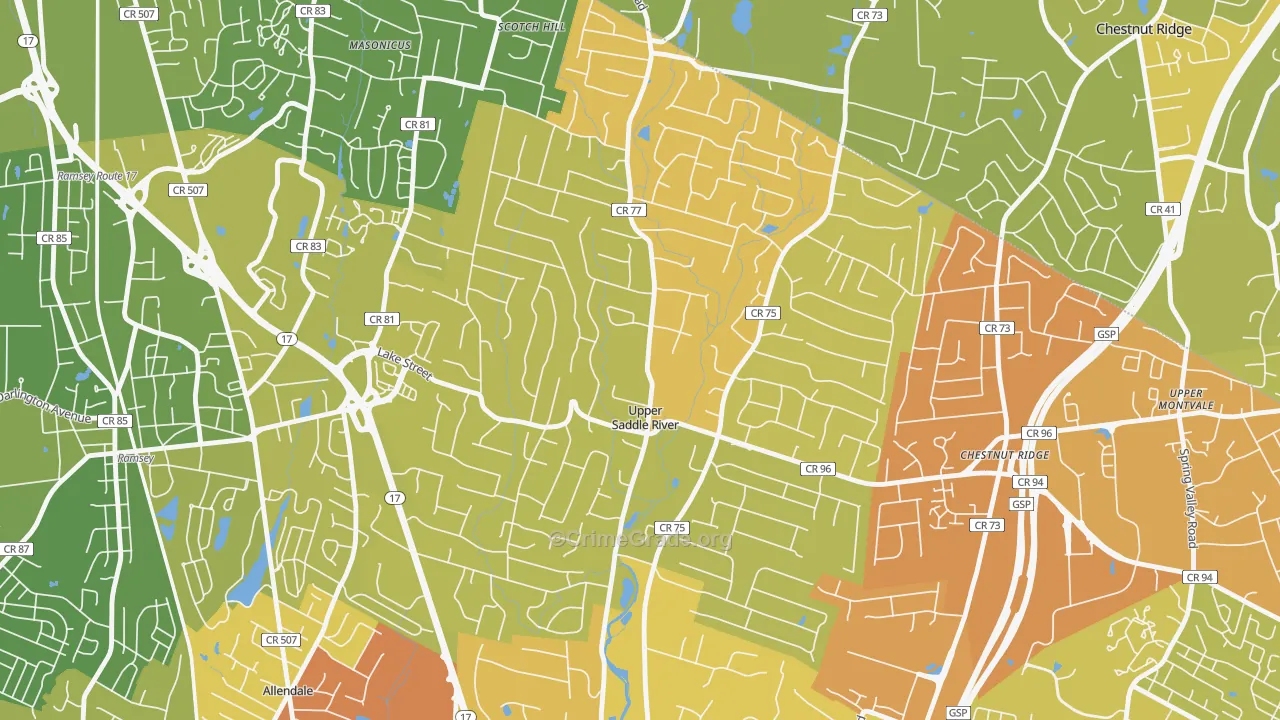 Upper Saddle River, NJ Map of Vehicle Theft Rates