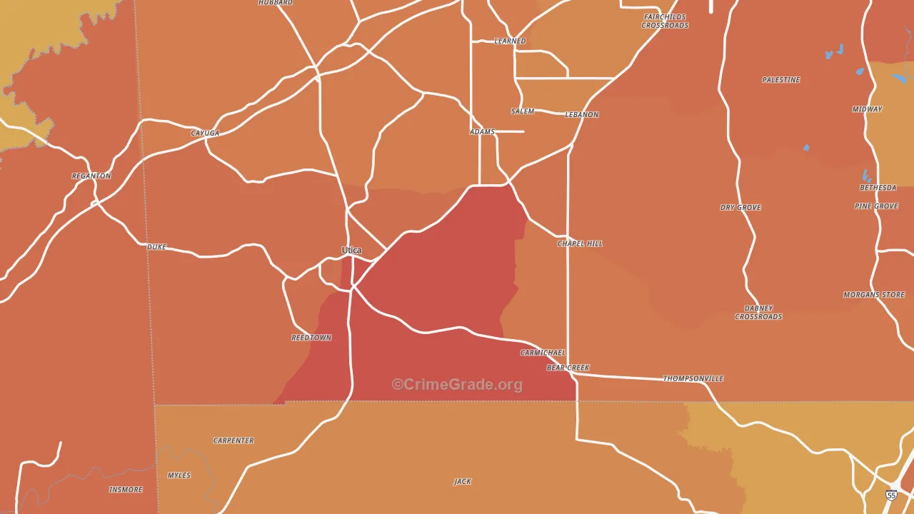 Utica, MS Map of Vehicle Theft Rates