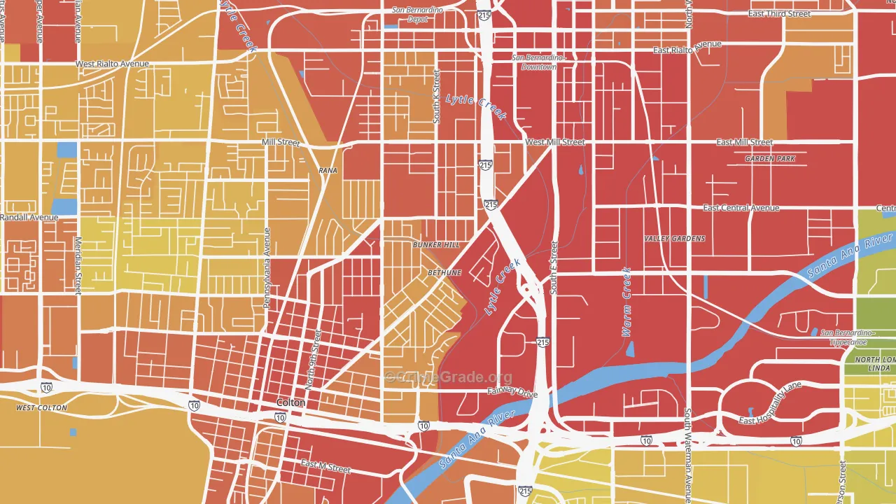 Valley College, San Bernardino, CA Map of Vehicle Theft Rates