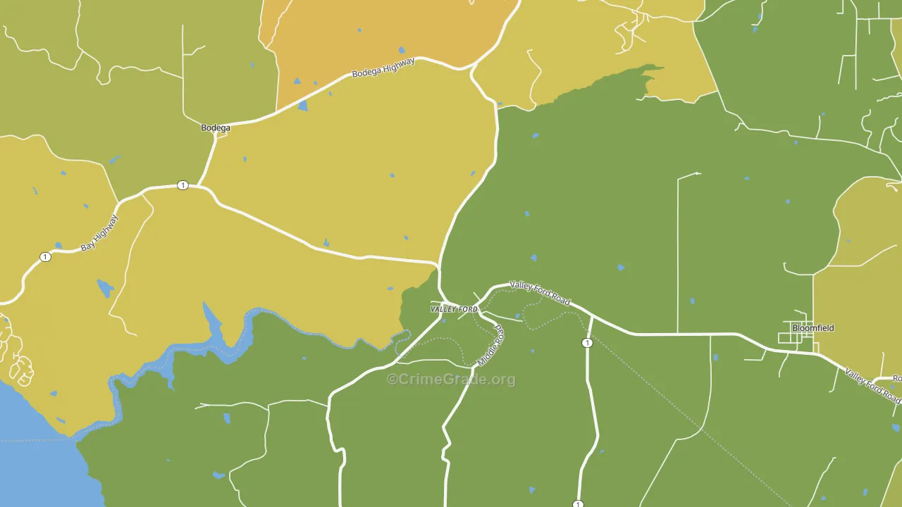 Valley Ford, CA Map of Vehicle Theft Rates