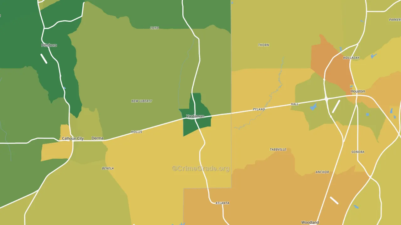 Vardaman, MS Map of Vehicle Theft Rates