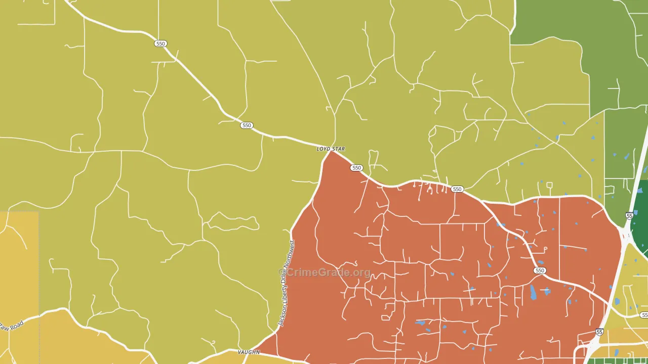 Vaughn, MS Map of Vehicle Theft Rates