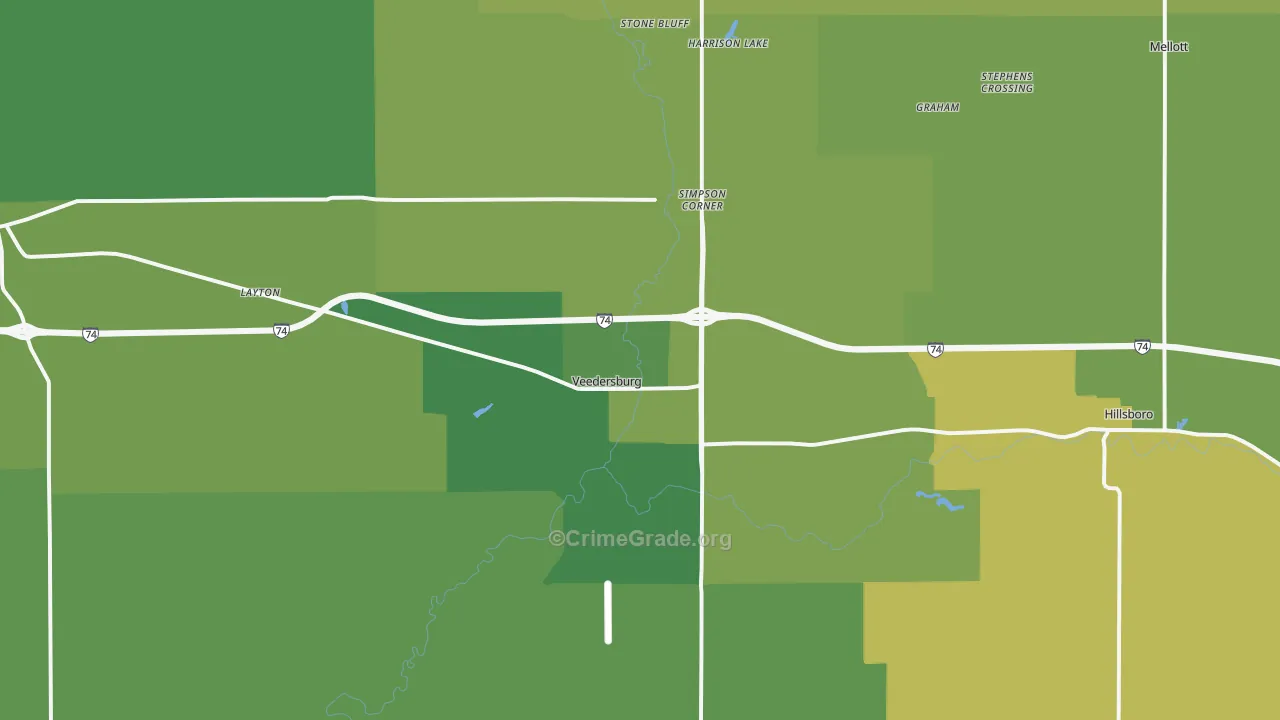 Veedersburg, IN Map of Vehicle Theft Rates