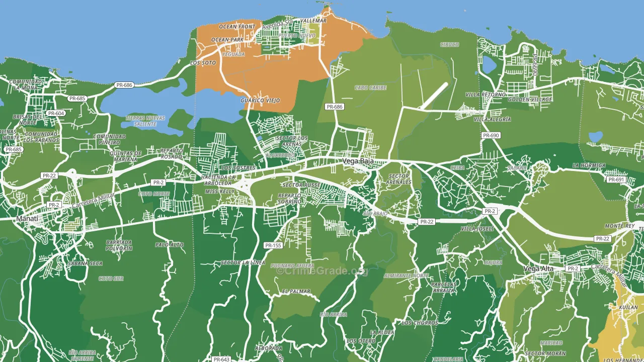 Vega Baja Municipio, PR Map of Vehicle Theft Rates