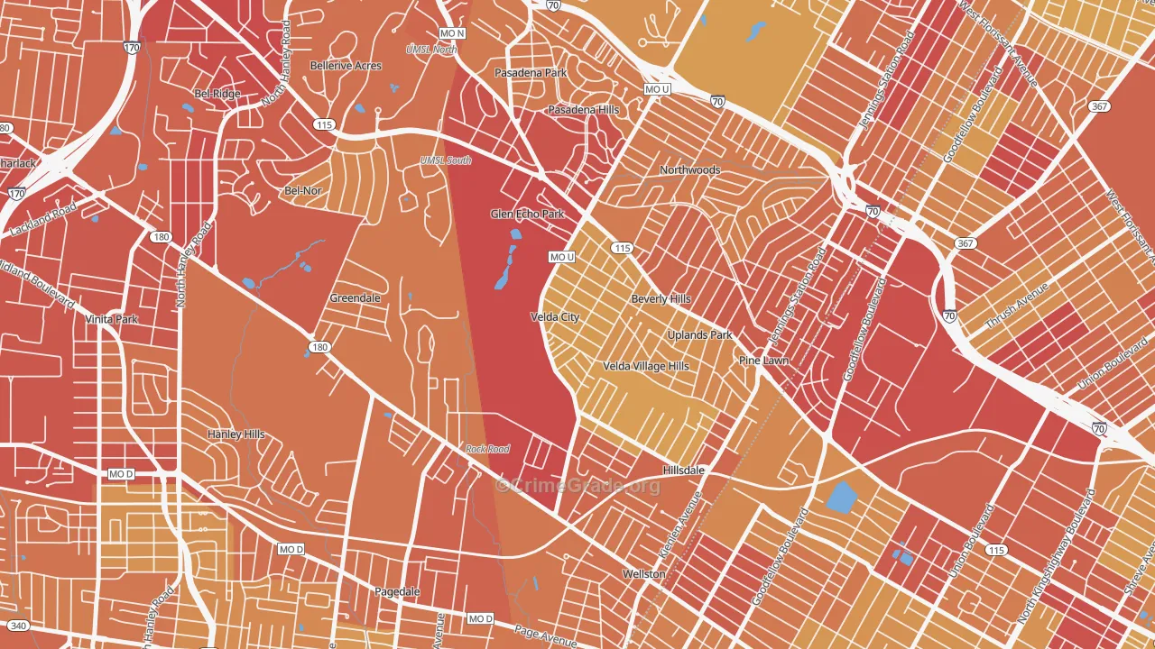 Velda City, MO Map of Vehicle Theft Rates