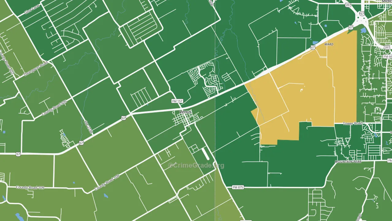 Venus, TX Map of Vehicle Theft Rates