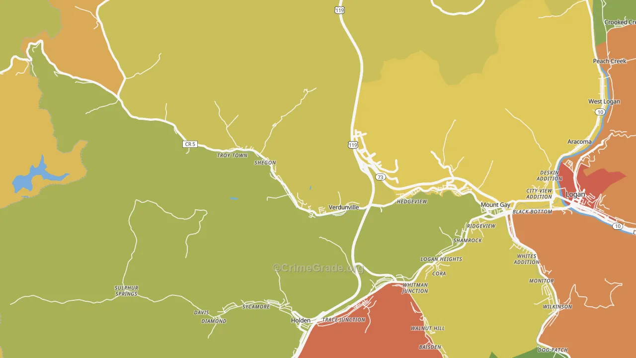 Verdunville, WV Map of Vehicle Theft Rates