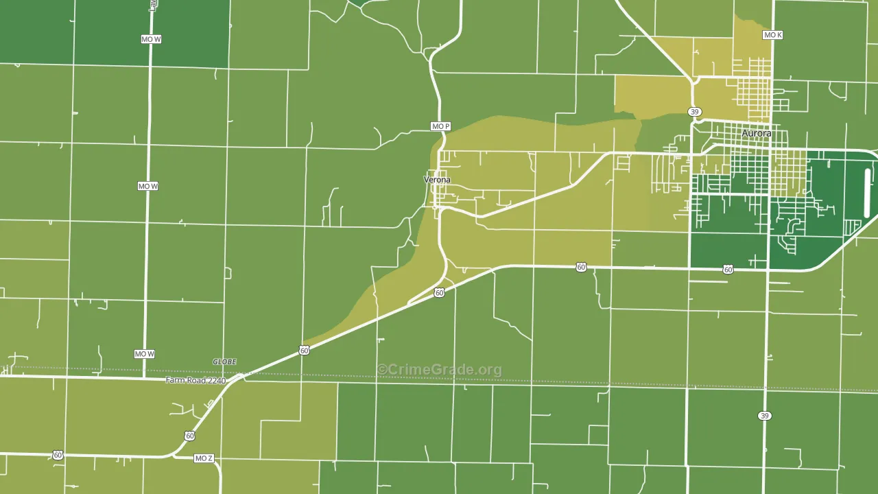 Verona, MO Map of Vehicle Theft Rates