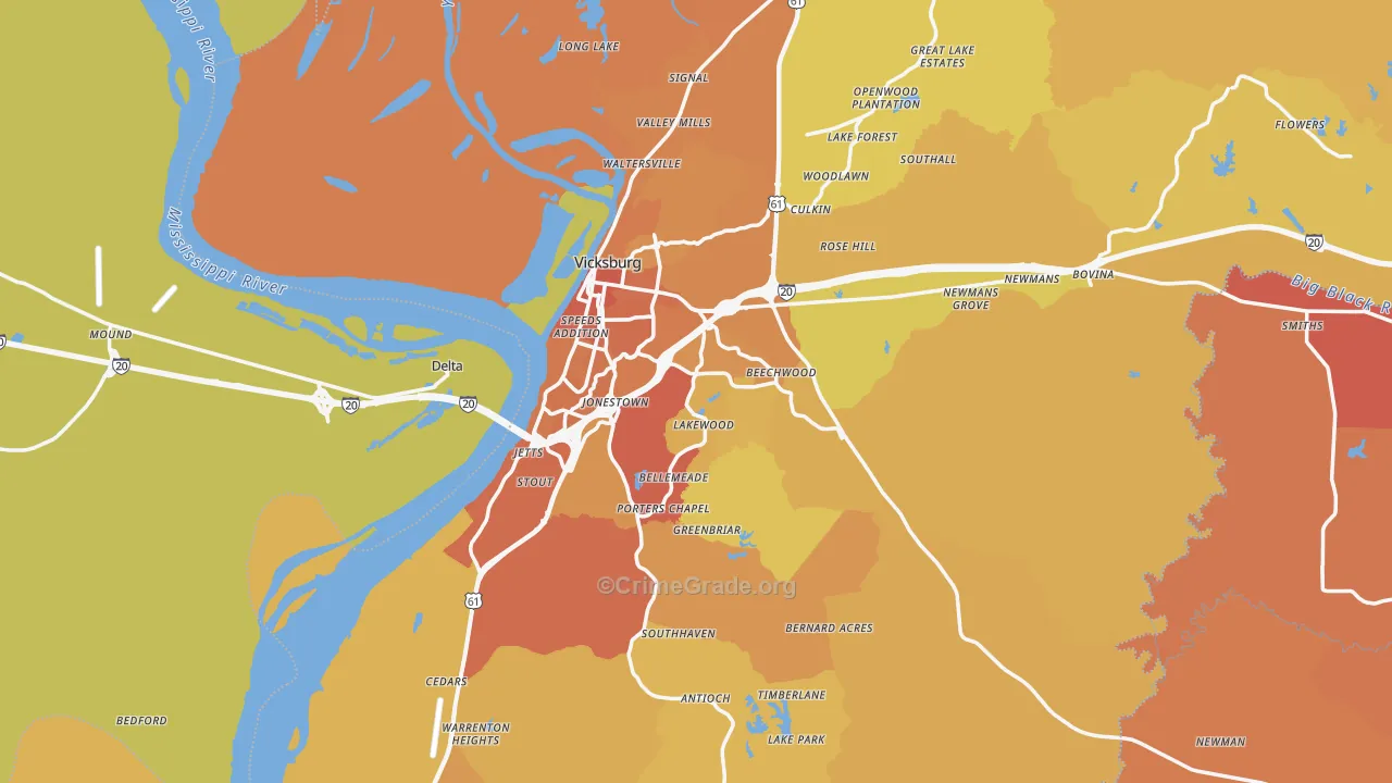 Vicksburg, MS Map of Vehicle Theft Rates