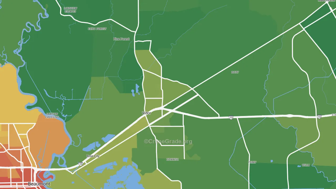 Vidor, TX Map of Vehicle Theft Rates