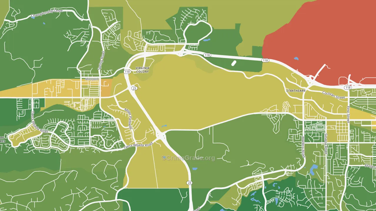 Virginia Colony, CA Map of Vehicle Theft Rates