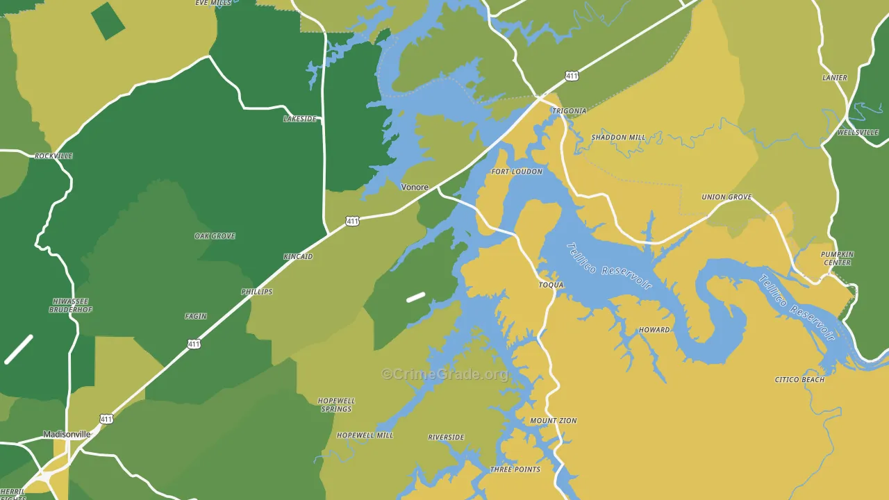 Vonore, TN Map of Vehicle Theft Rates