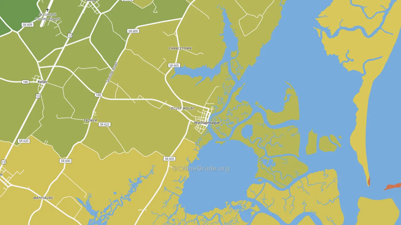 Wachapreague, VA Map of Vehicle Theft Rates