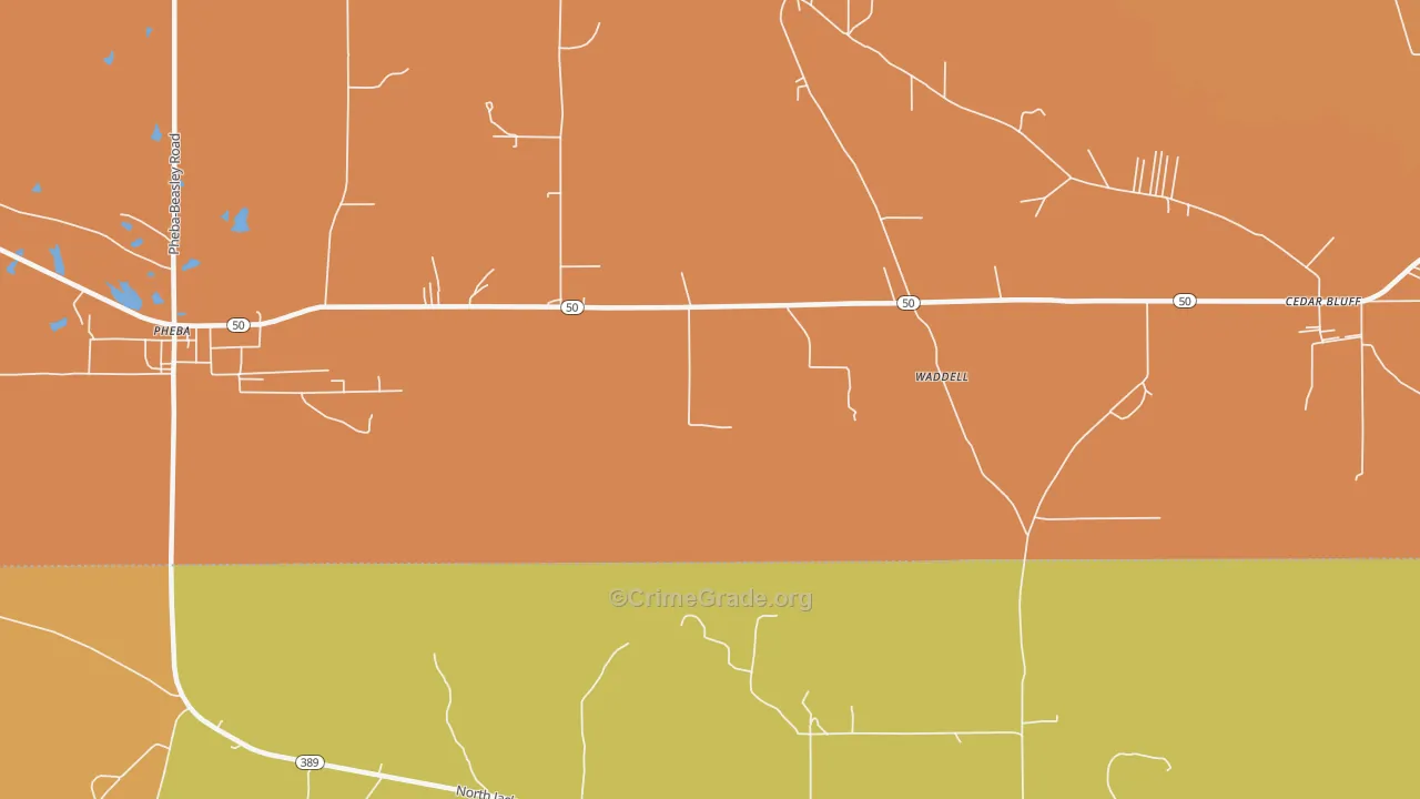 Waddell, MS Map of Vehicle Theft Rates