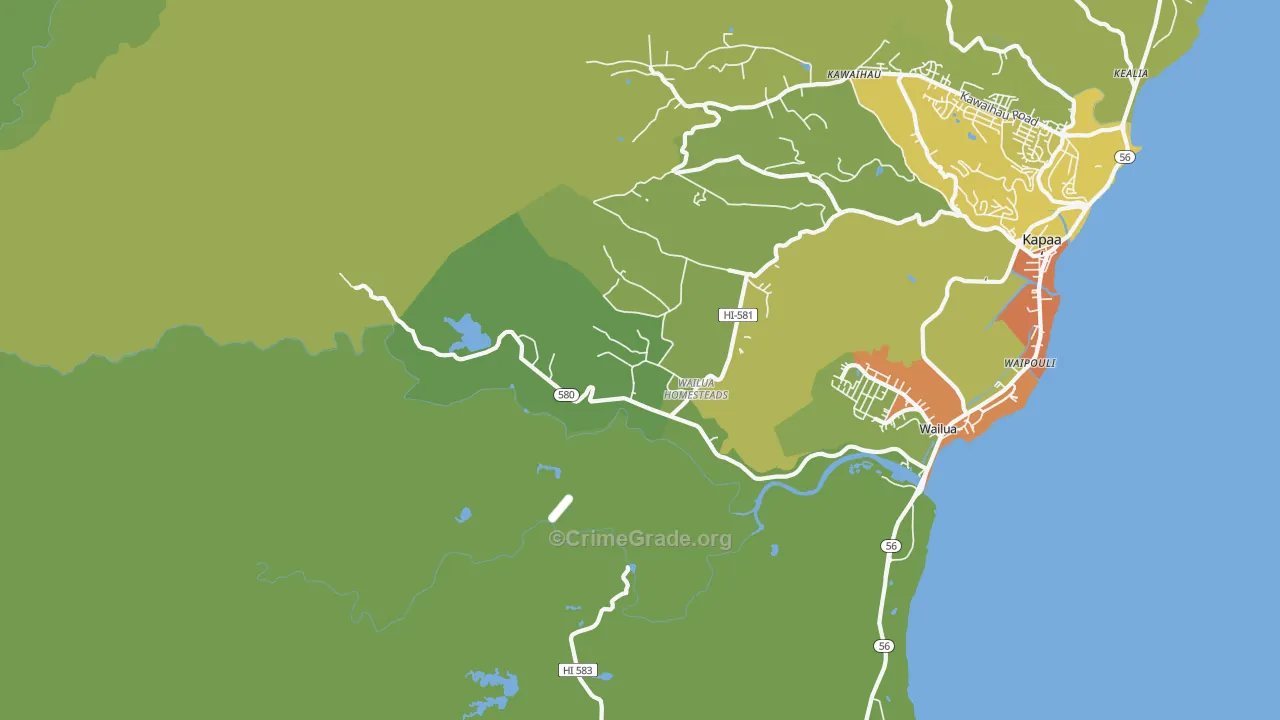 Wailua, Kapaa, HI Map of Vehicle Theft Rates