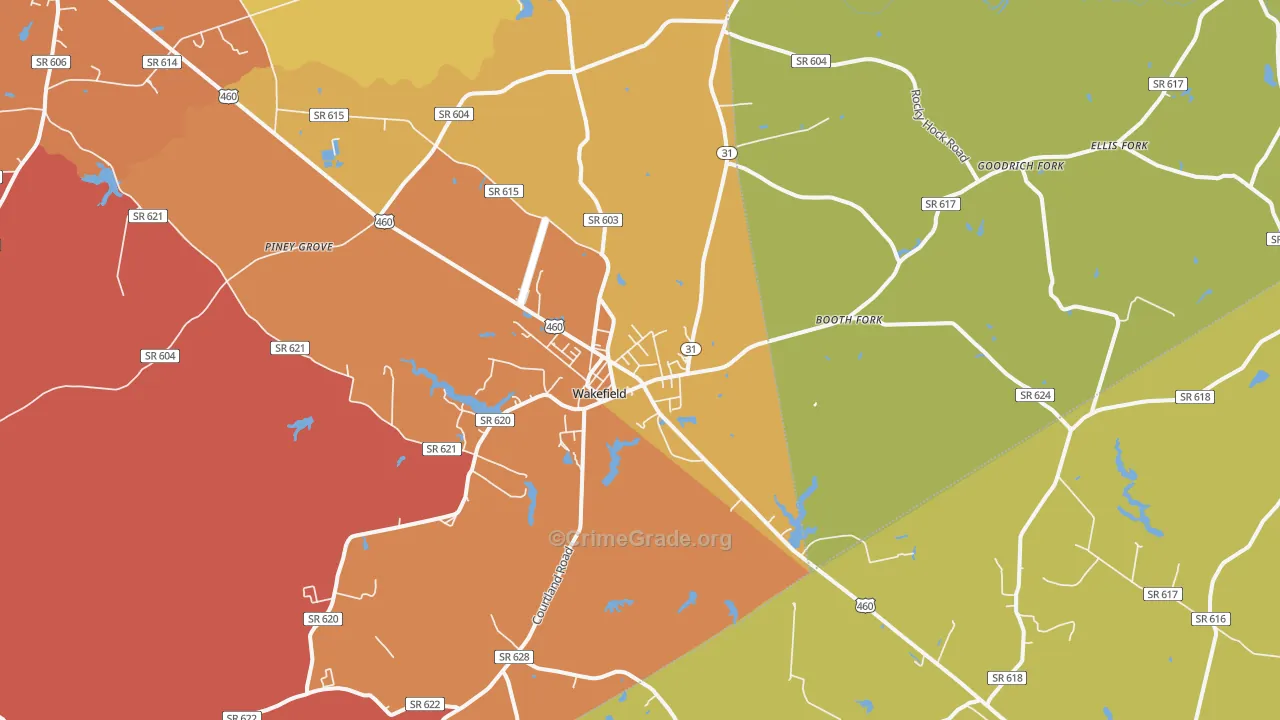 Wakefield, VA Map of Vehicle Theft Rates