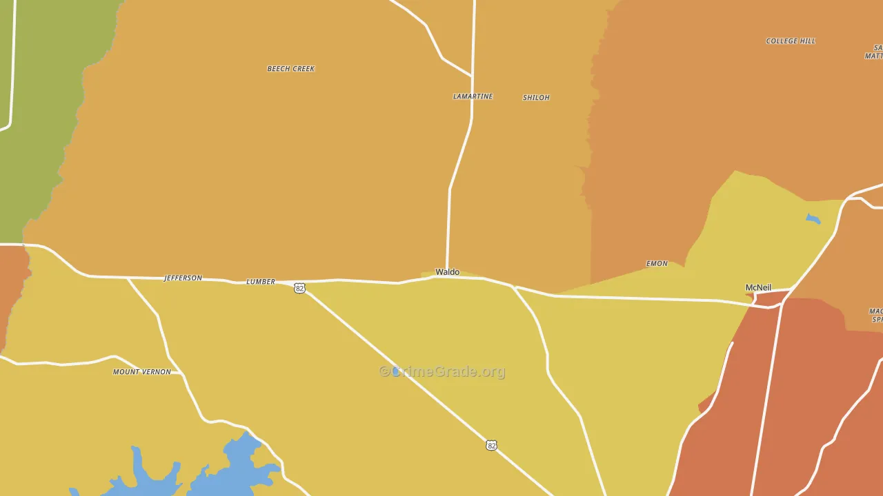 Waldo, AR Map of Vehicle Theft Rates