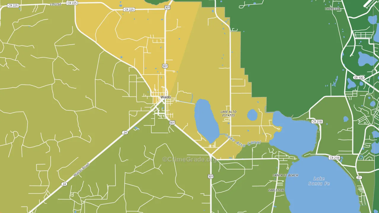 Waldo, FL Map of Vehicle Theft Rates