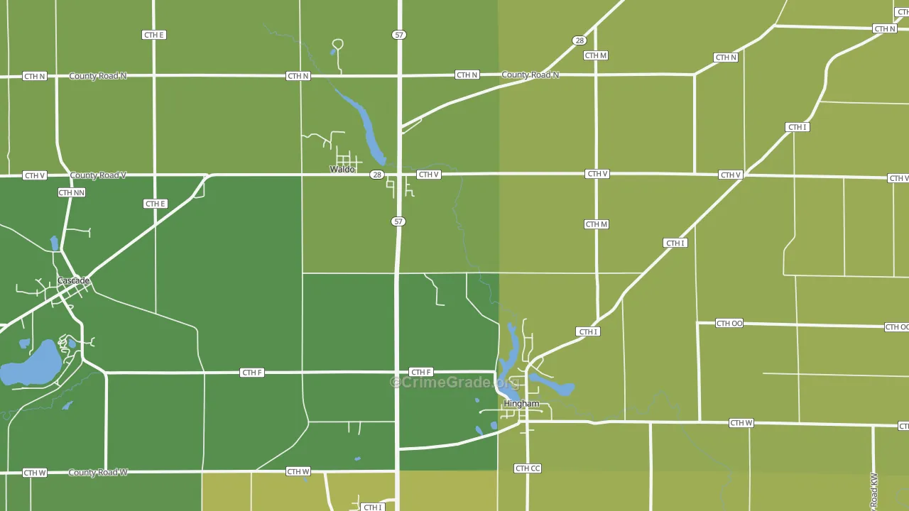 Waldo, WI Map of Vehicle Theft Rates